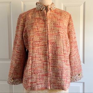 Chico’s Embellished Beaded Pearls Orange Tweed Jacket Blazer NWT $159 MSRP 2 L